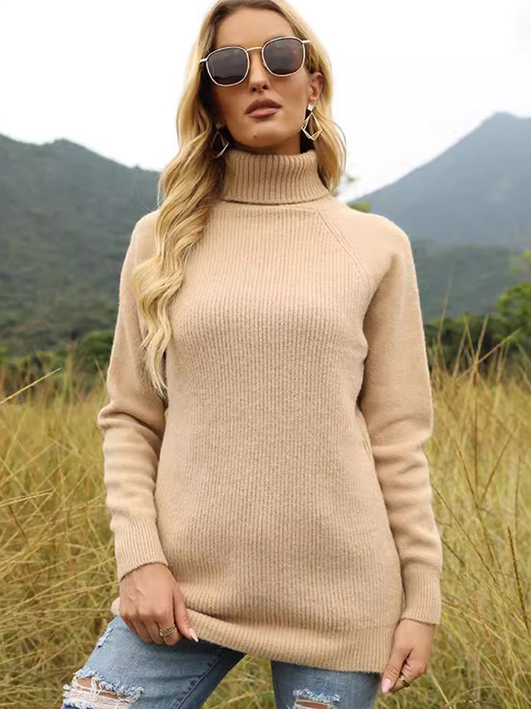 

StyleCast x Revolte Women Turtle Neck Boucle Longline Pullover, Khaki