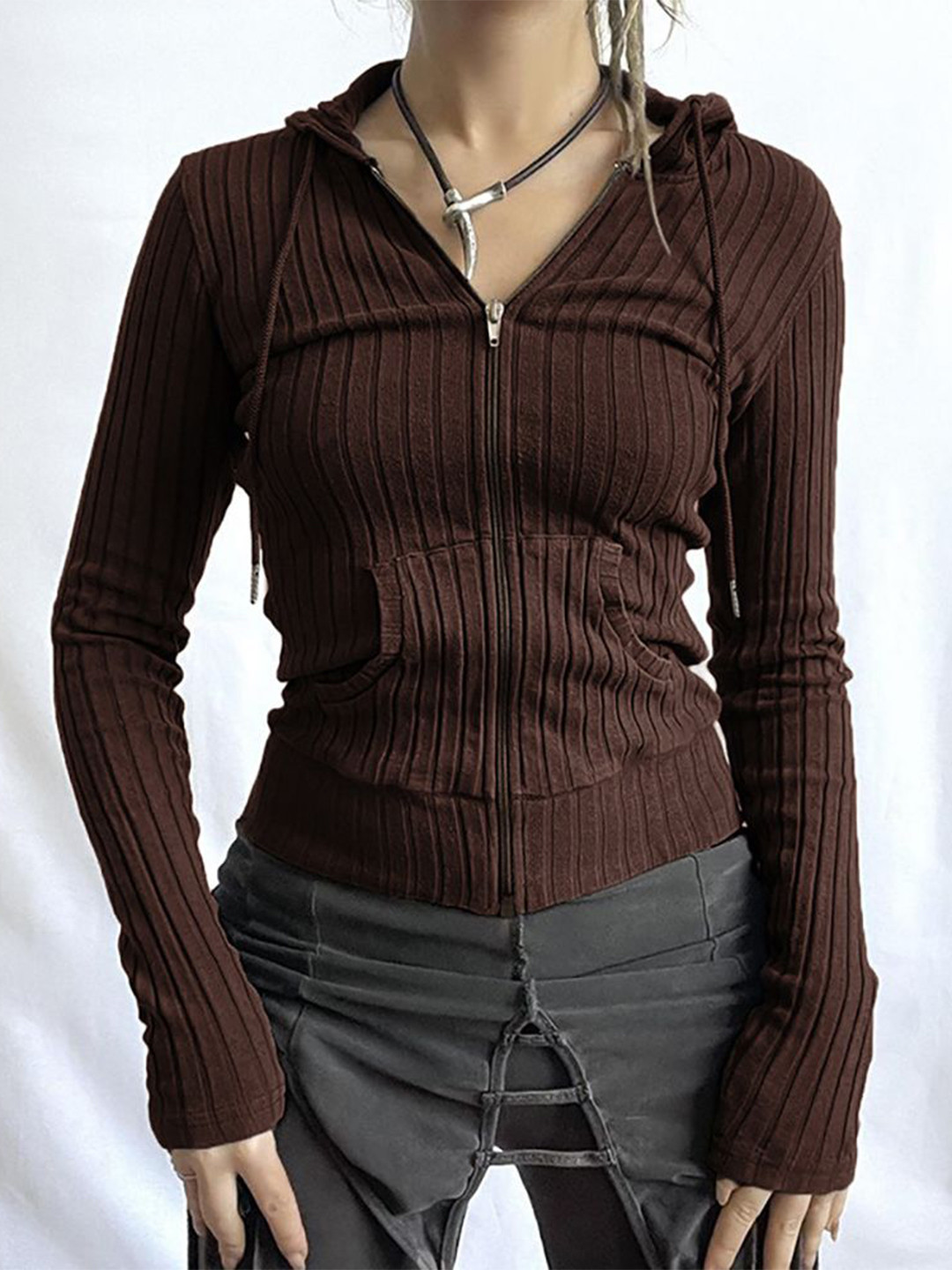 

StyleCast x Revolte Women Striped Hooded Top, Brown