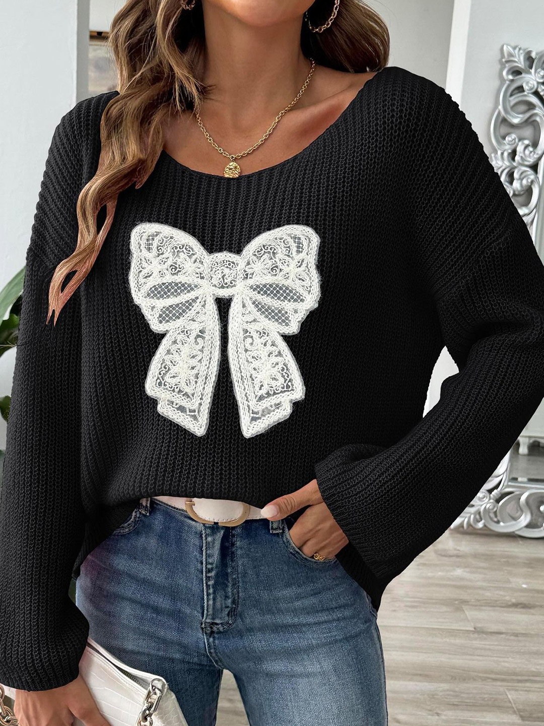 

StyleCast x Revolte Women Self Design Round Neck Pullover Sweater, Black