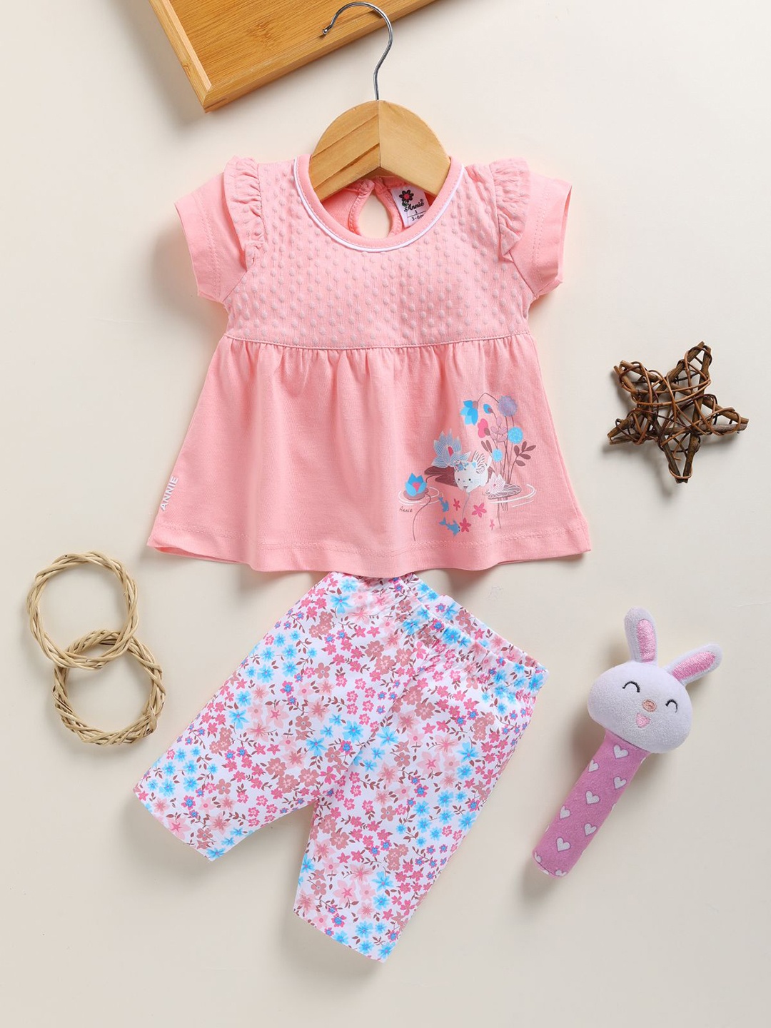 

Annie Girls Round Neck Printed Pure Cotton Top with Trouser, Pink