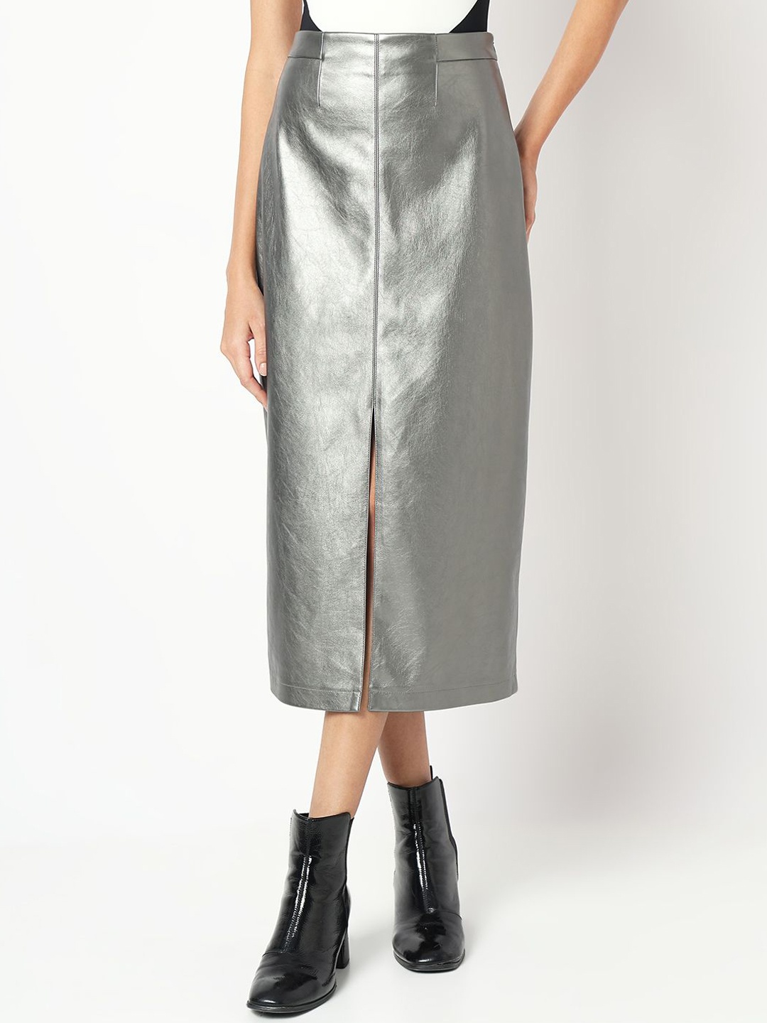 

Vero Moda Front Slit Straight Midi Skirt, Silver