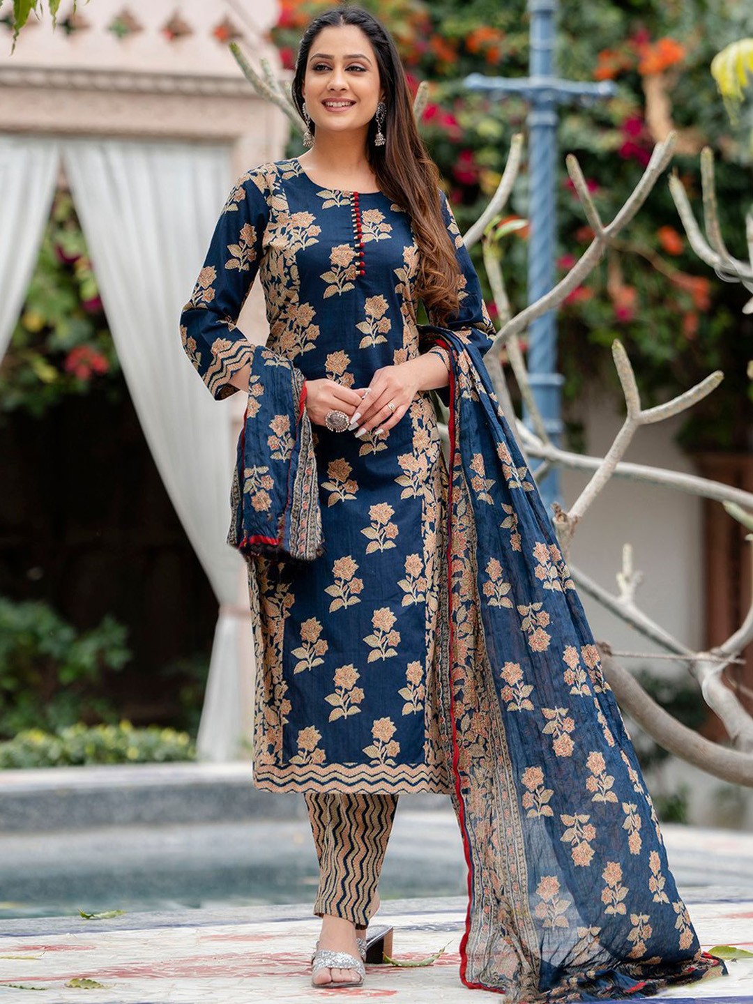 

KALINI Floral Printed Straight Kurta with Trousers & Dupatta, Navy blue