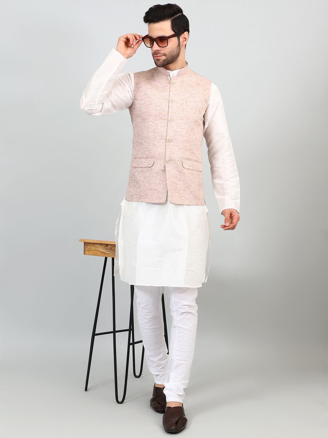 

Wintage Mandarin Collar Linen Straight Kurta with Pyjamas & Nehru Jacket, White
