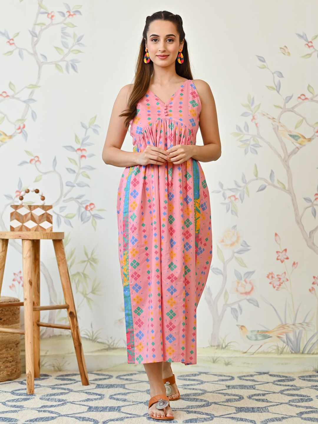 

Rustorange Women Floral Printed V-Neck Cotton Maxi Dress, Pink