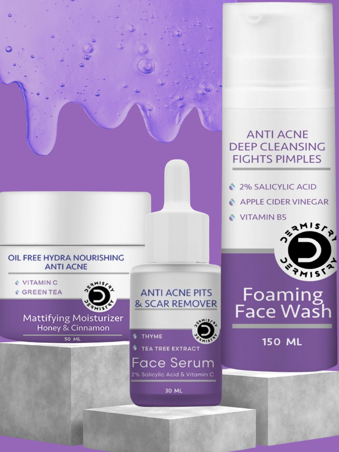 

DERMISTRY Set Of 3 Anti Acne Salicylic Acid Face Wash, Serum & Moisturizer Combo, White
