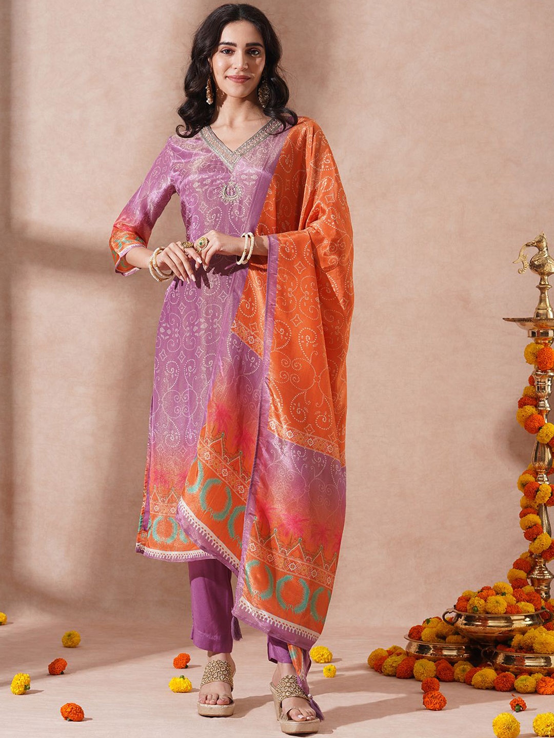 

FASHOR Bandhani Printed Beads and Stones Kurta with Trousers & Dupatta, Purple