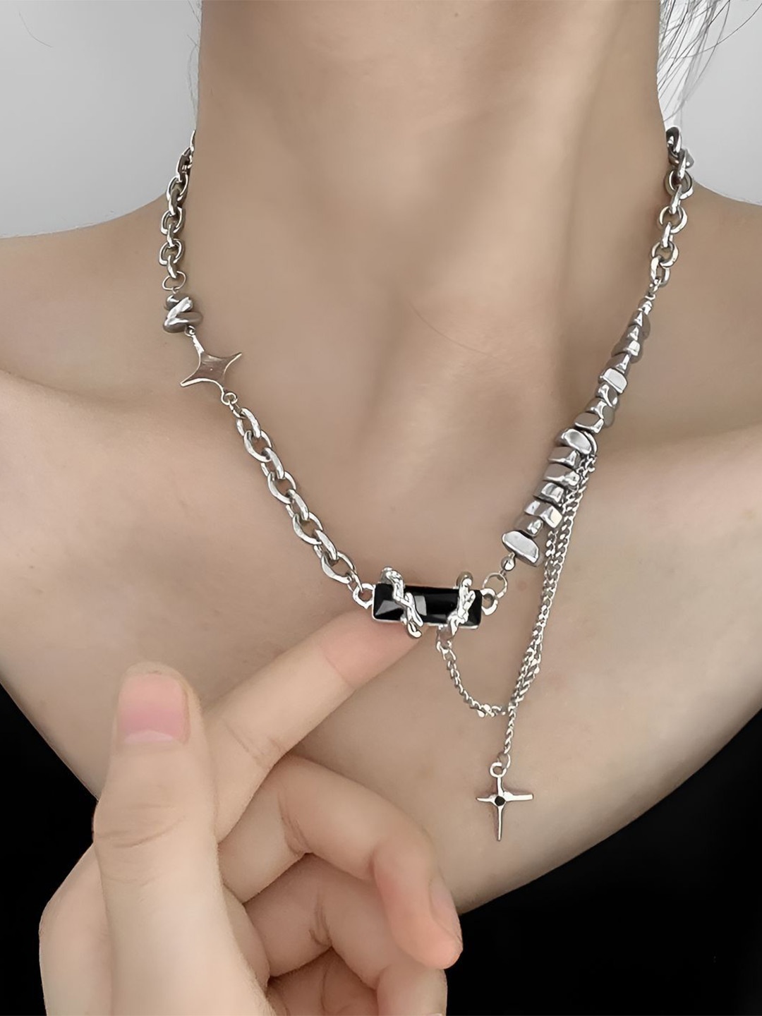 

Goho Rhodium-Plated Stone Studded Unique Chain Statement Necklace, Silver