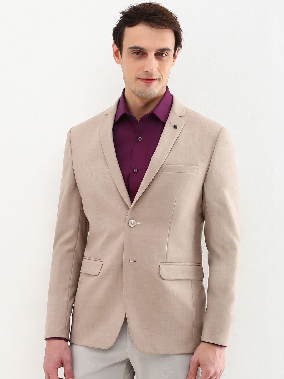 

Allen Solly Self Design Notched Lapel Slim-Fit Single Breasted Blazer, Beige