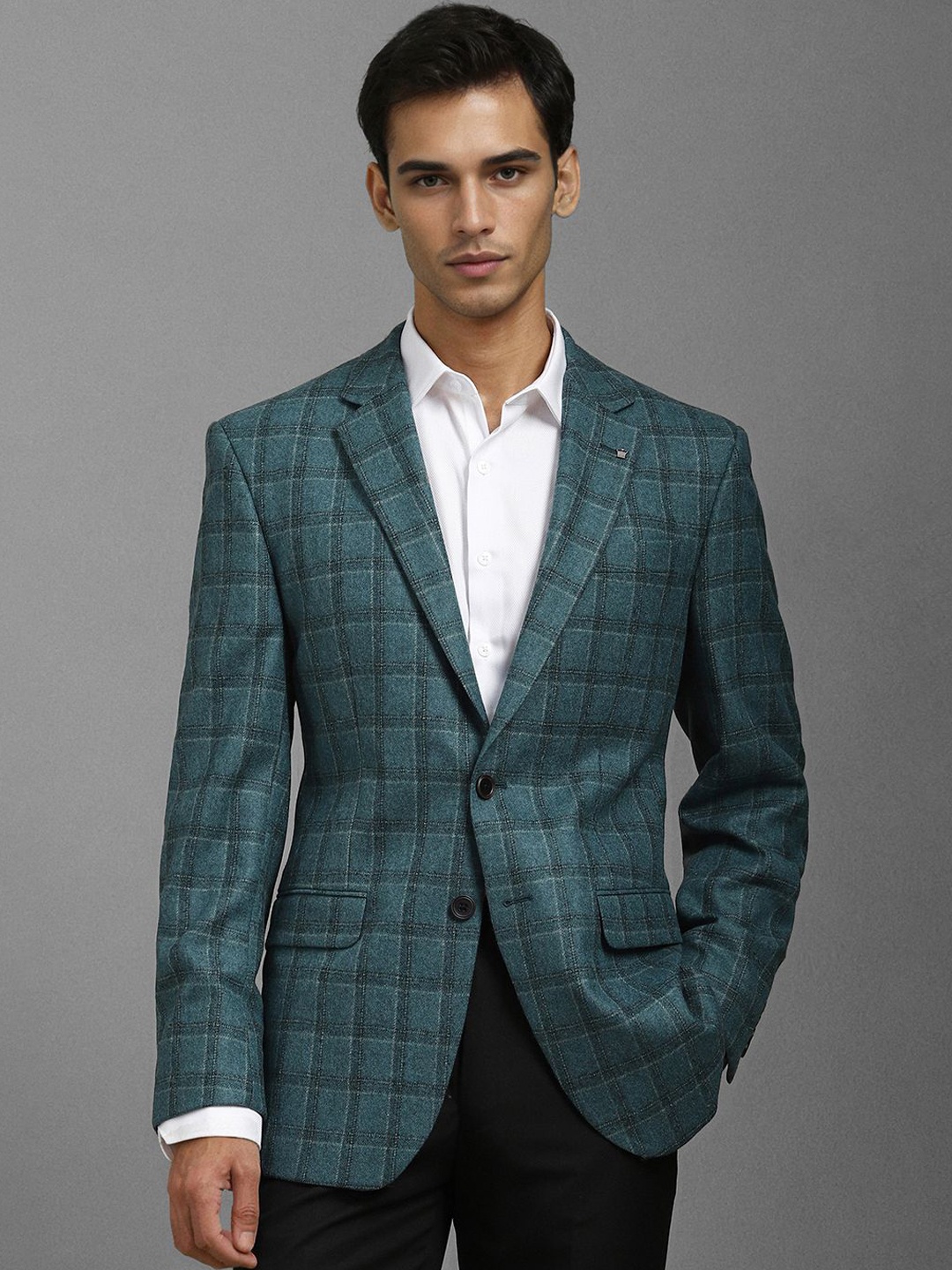 

Louis Philippe Checked Notched Lapel Single-Breasted Woollen Formal Blazer, Green