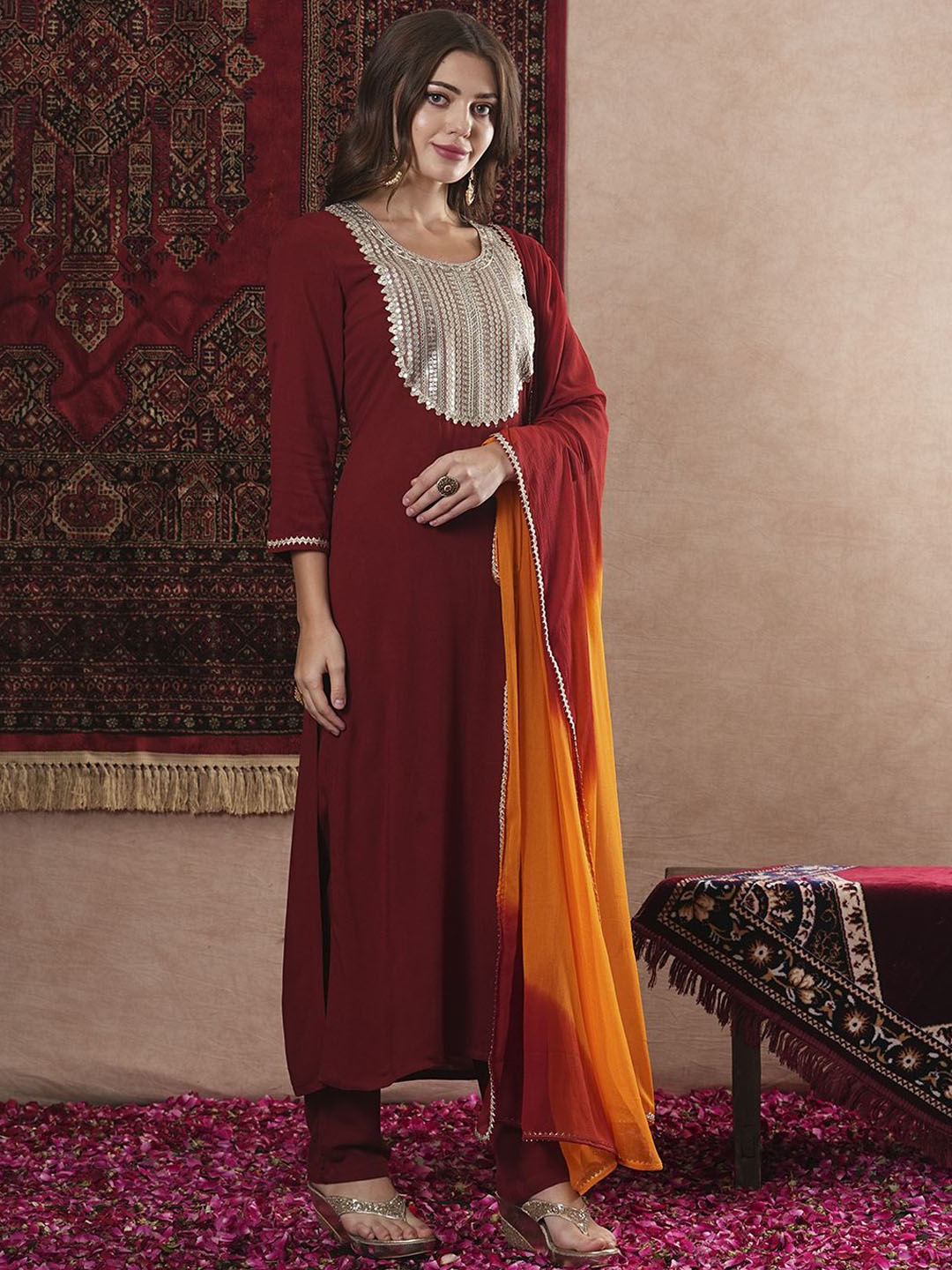 

Anni Designer Round Neck Regular Sequinned Straight Kurta With Trouser With Dupatta, Maroon