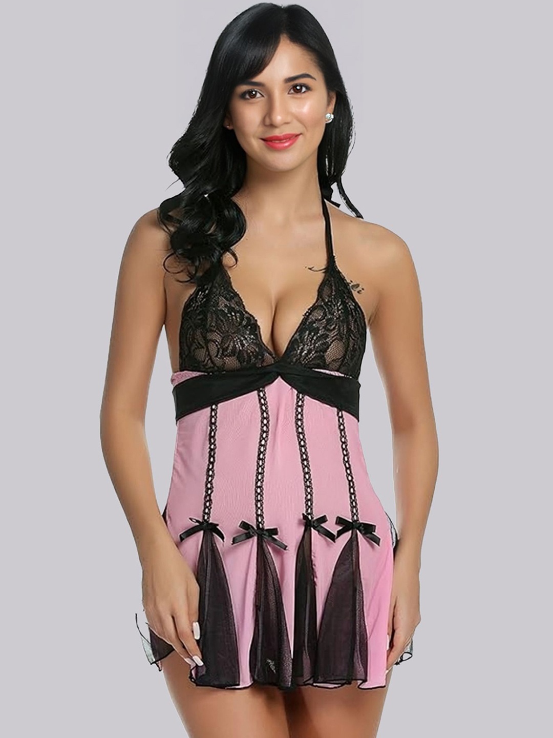 

BILLEBON Net Halter Neck Self Design Baby Doll, Pink