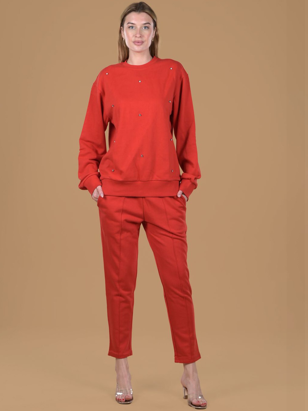 

Antimony Embellished Round Neck Sweatshirt with Trousers, Red