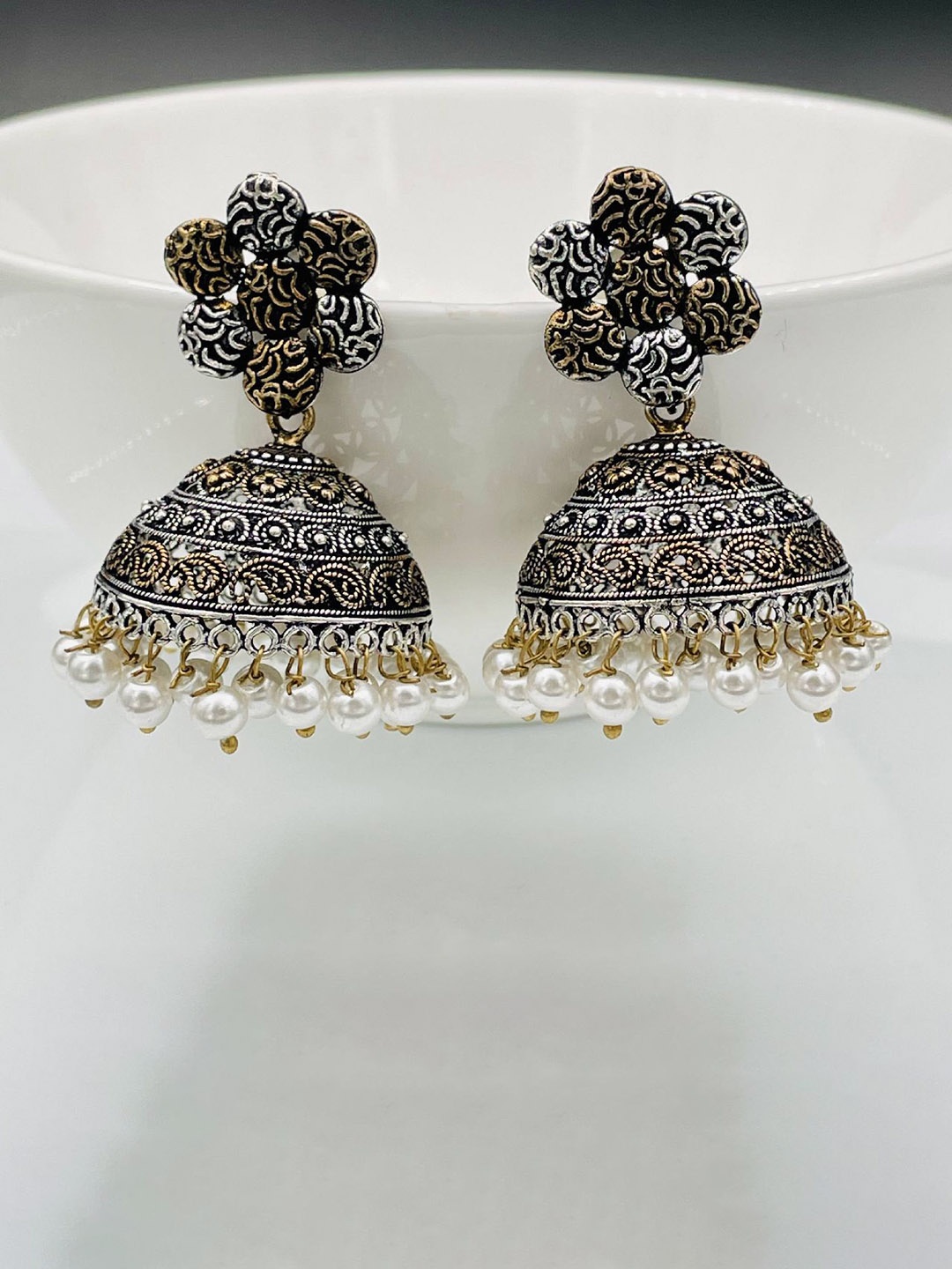 

ZIVOM Rhodium-Plated Pearls Beaded Dome Shaped Jhumkas, Silver