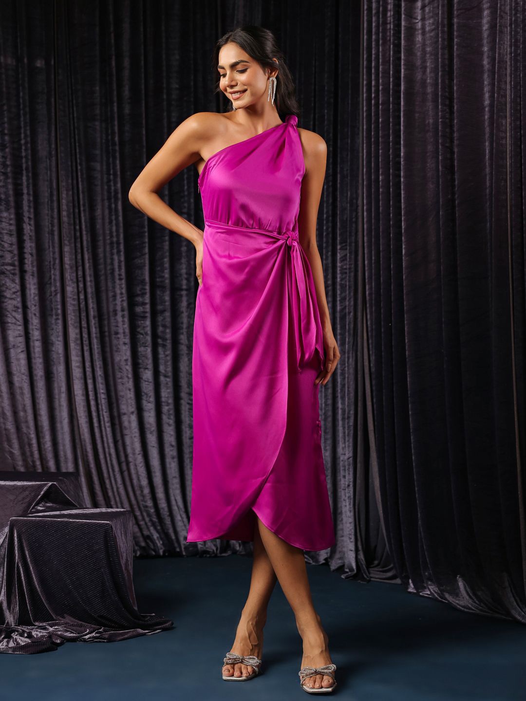 

B'Infinite One Shoulder Satin Fit & Flare Dress, Pink