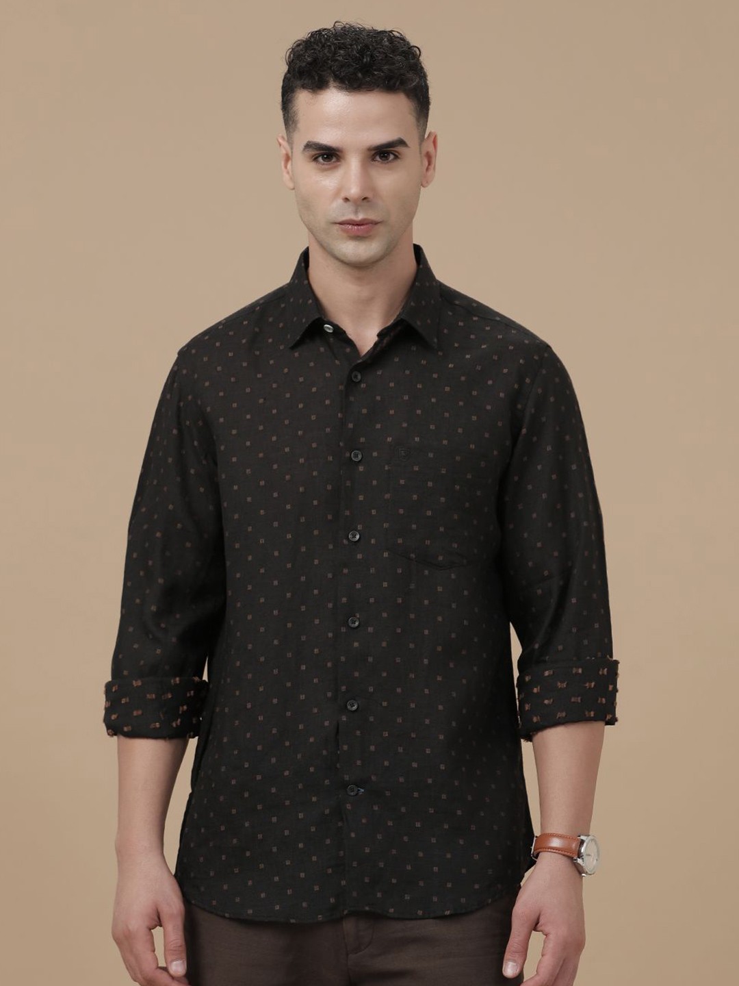 

Linen Club Contemporary Slim Fit Geometric Printed Pure Linen Casual Shirt, Black