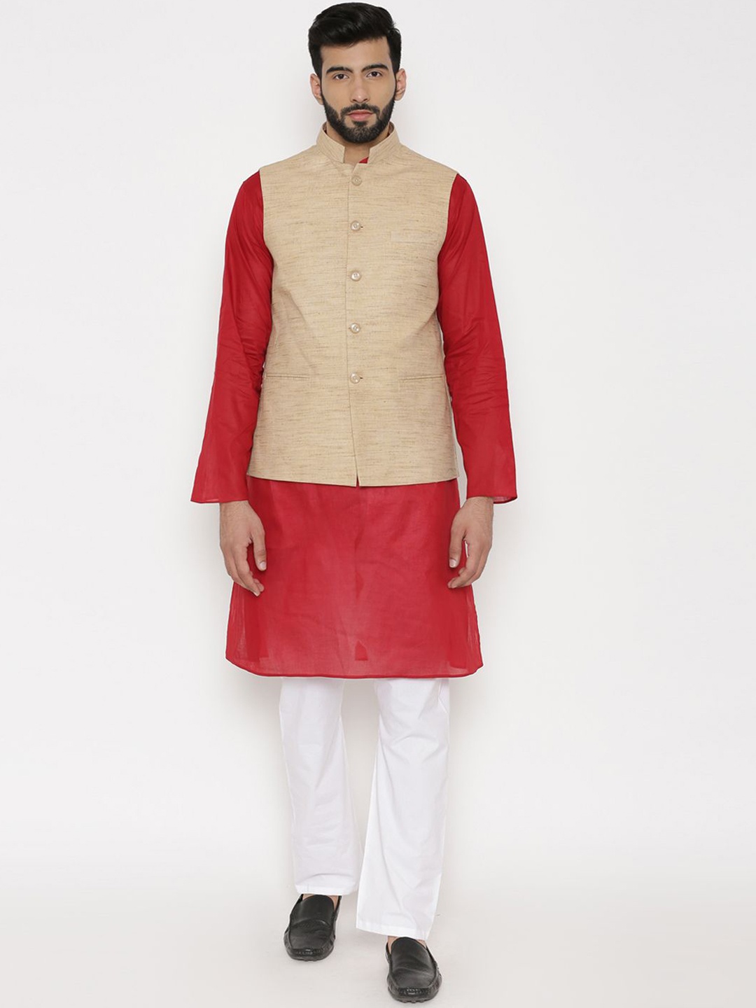 

Wintage Mandarin Collar Pure Cotton Straight Kurta with Pyjamas & Nehru Jacket, Red