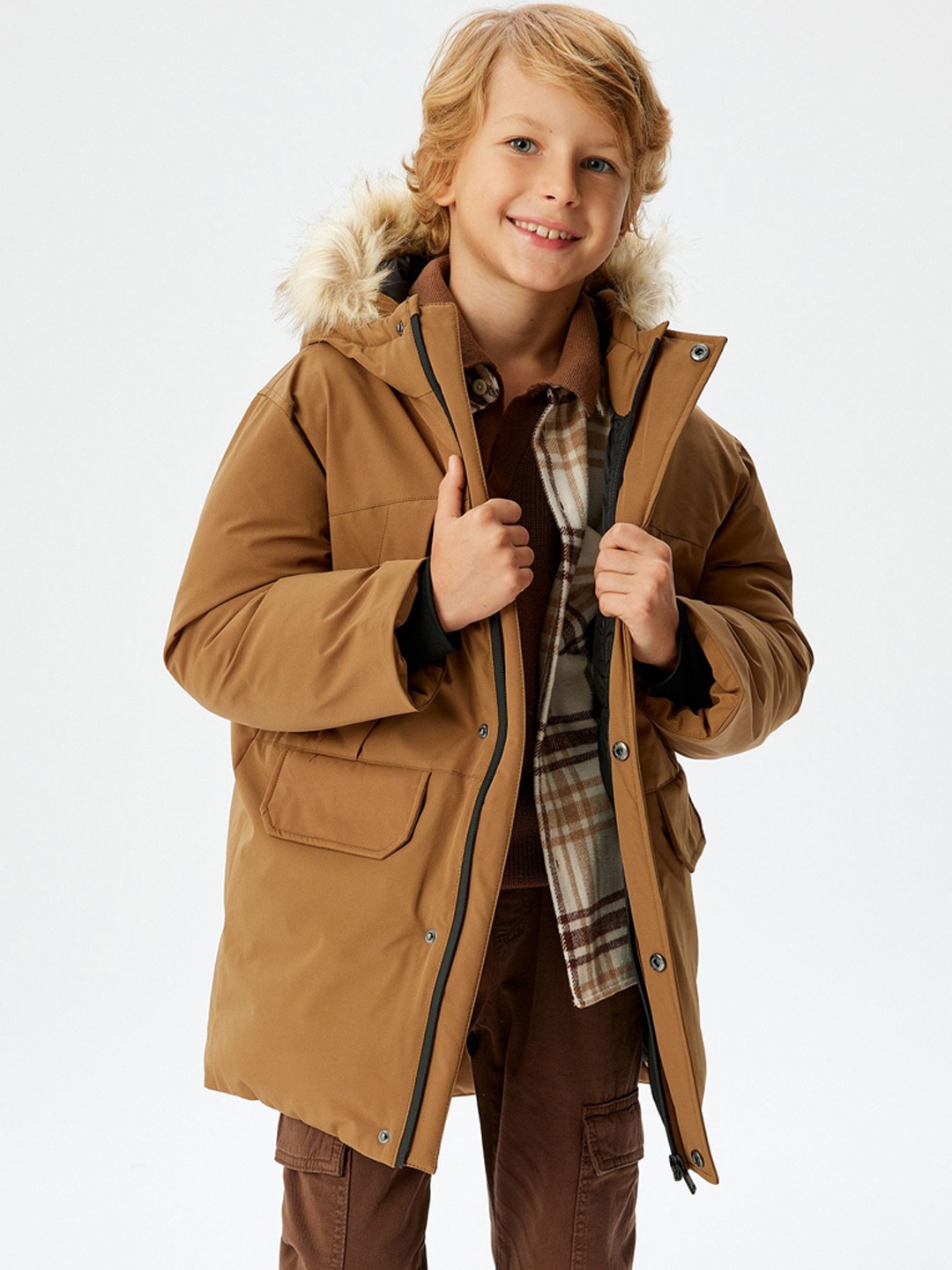 

Koton Boys Hooded Long Sleeves Overcoat, Brown
