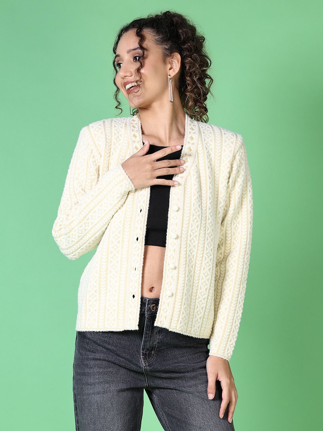 

V-Mart Women Self Design Cable Knit Cardigan, Beige