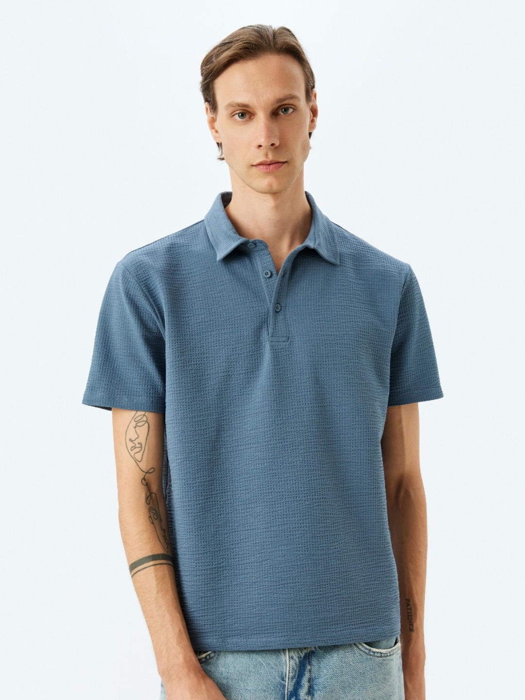 

Koton Men Self Design Polo Collar Cotton T-shirt, Blue