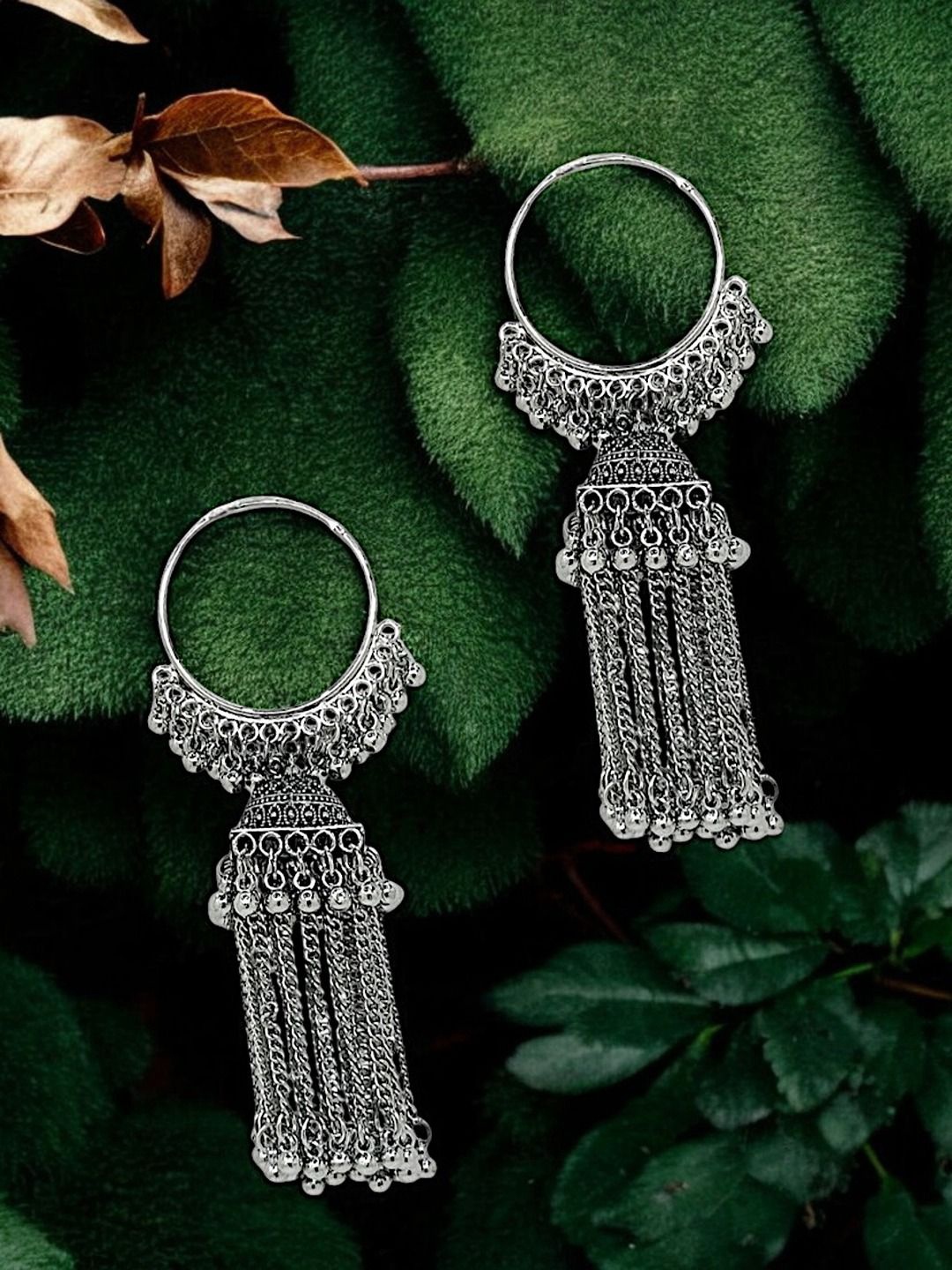 

FEMMIBELLA Silver-Plated Circular Beaded Oxidized Drop Earrings