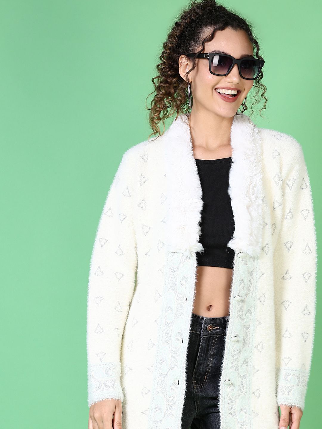 

V-Mart Women Geometric Printed Cotton Longline Cardigan, Off white