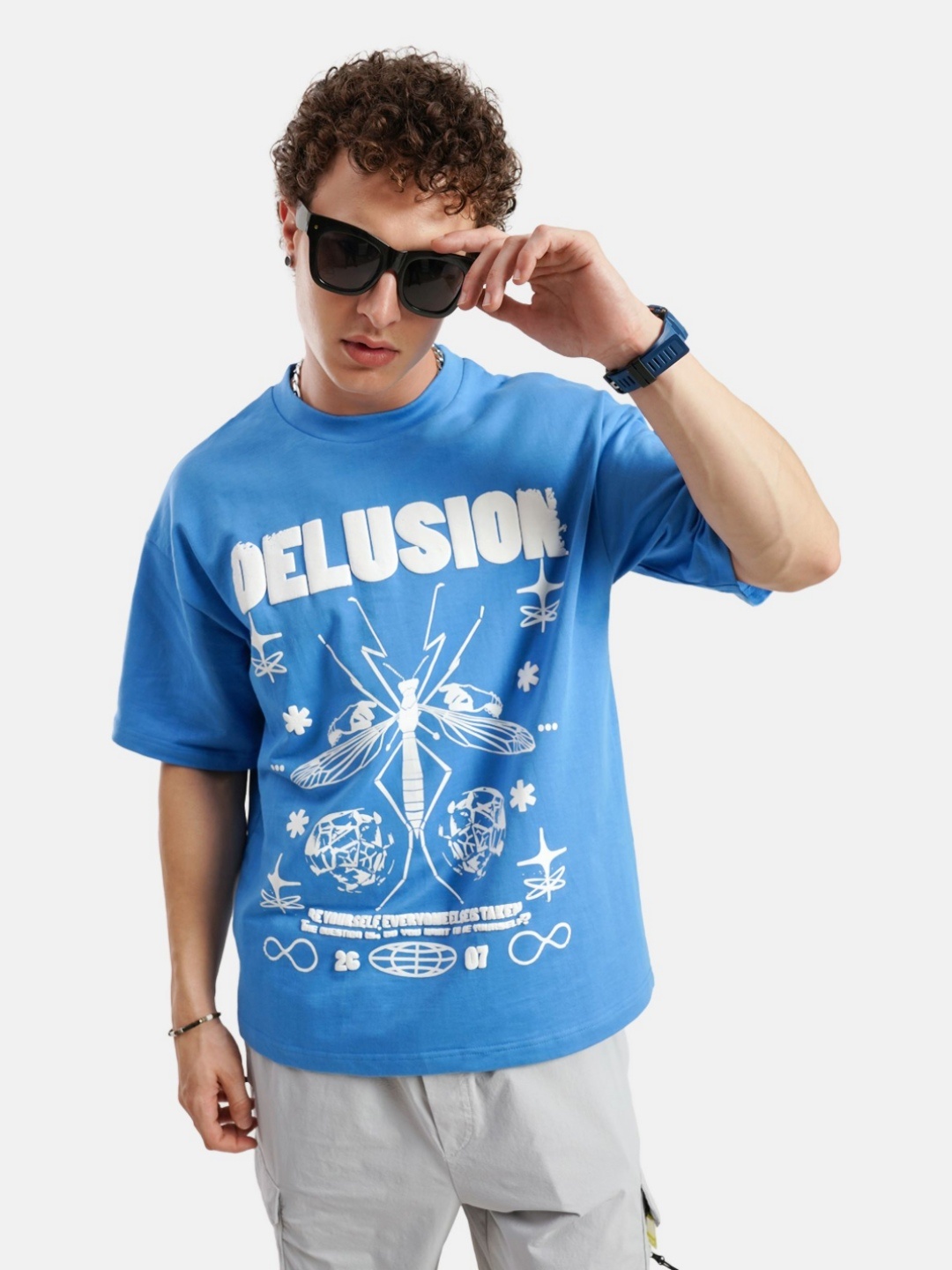 

Crazy Mosquitoes Men Printed Raw Edge T-shirt, Blue