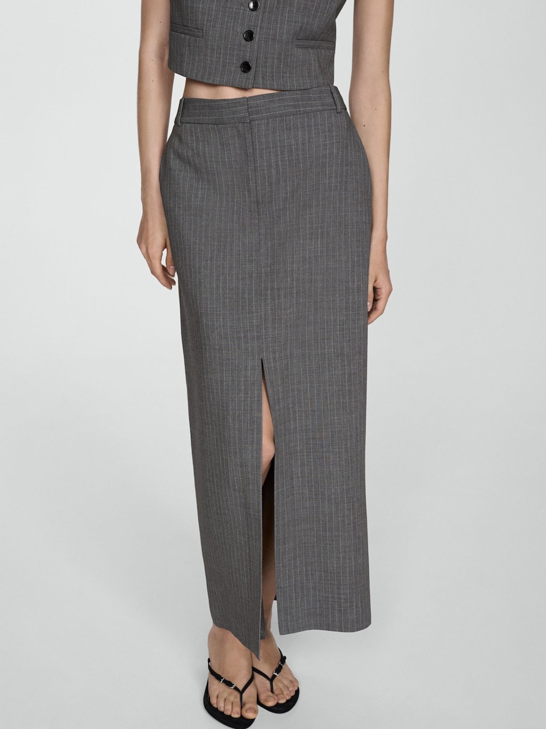 

MANGO Front Slit Pinstripe Suit Straight Skirt, Charcoal