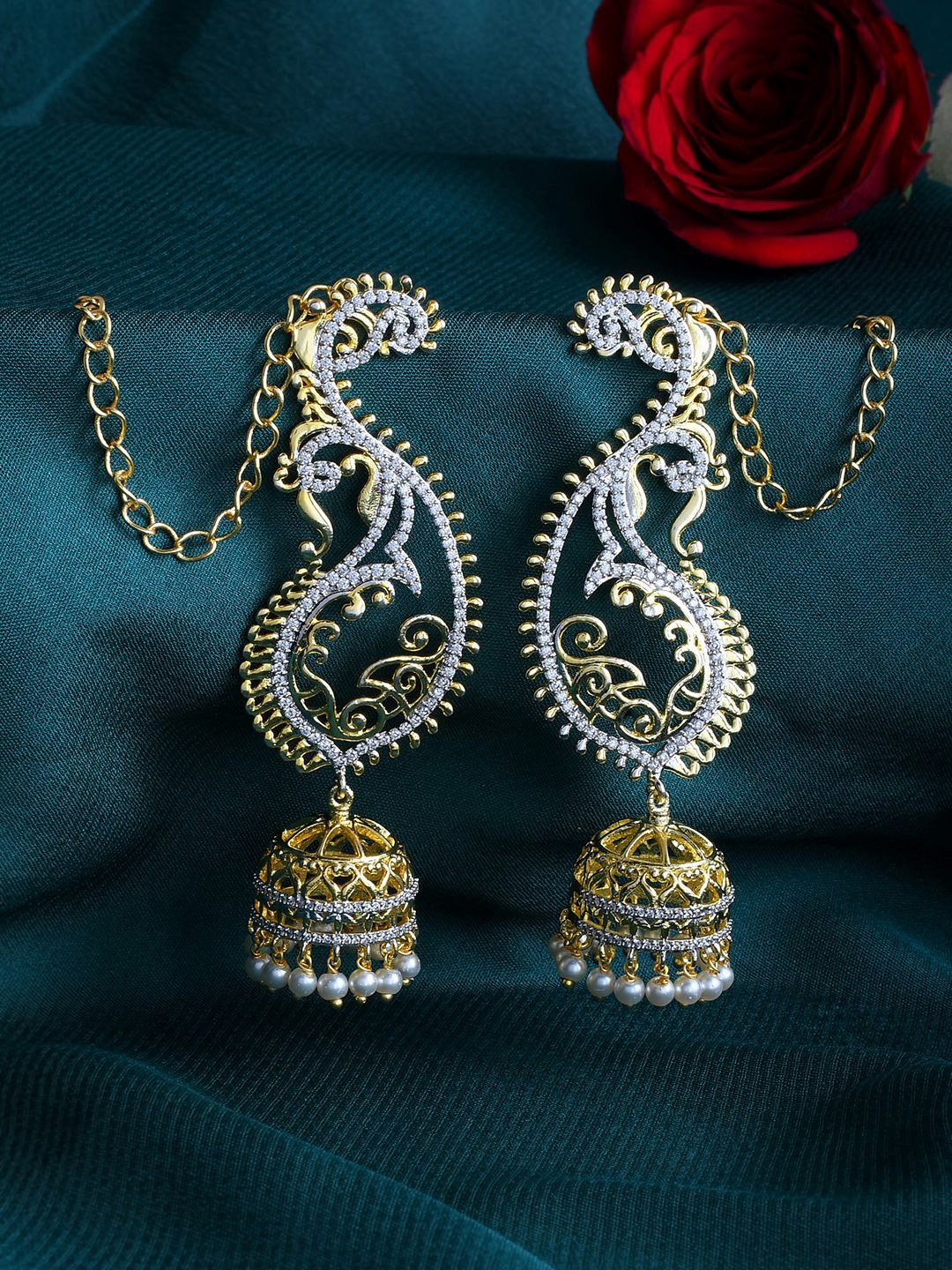 

Voylla Gold-Plated Cubic Zirconia Studded Paisley Shaped Jhumkas Earrings