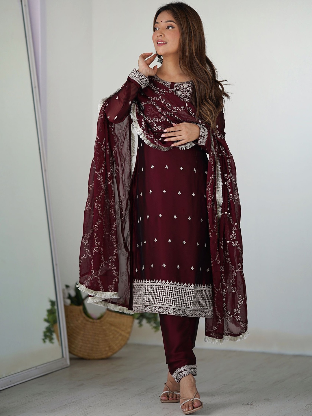 

KALINI Floral Embroidered Silk Georgette Straight Kurta with Trouser & Dupatta, Maroon