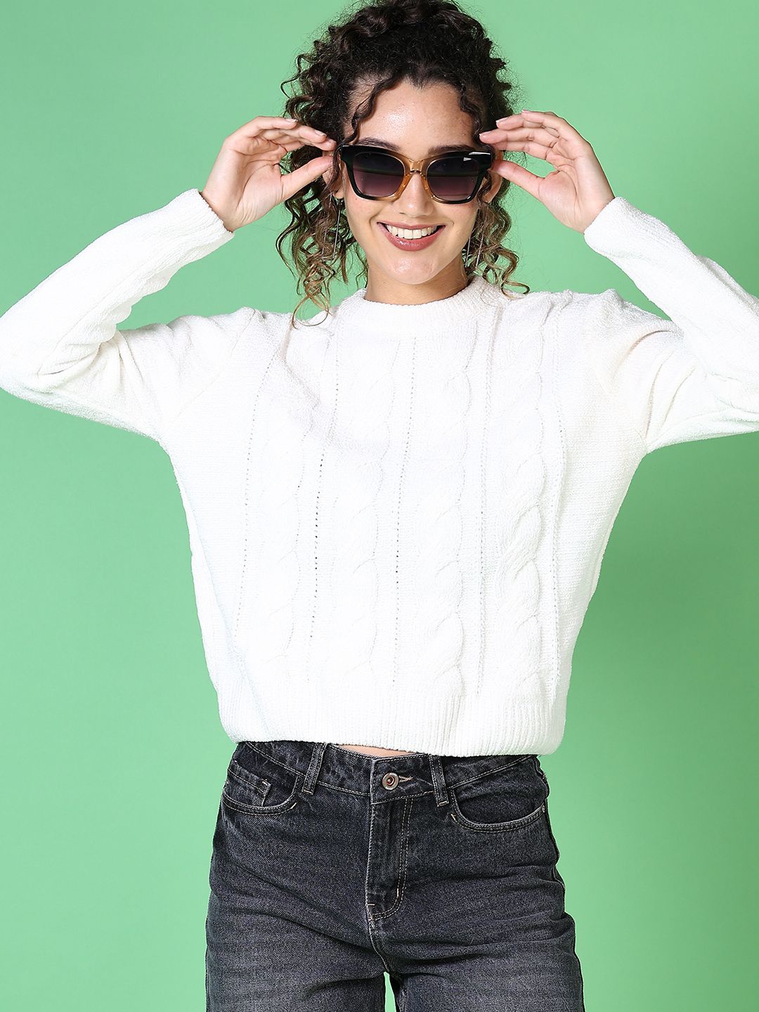 

V-Mart Women Cable Knit Long Sleeves Pullover, White