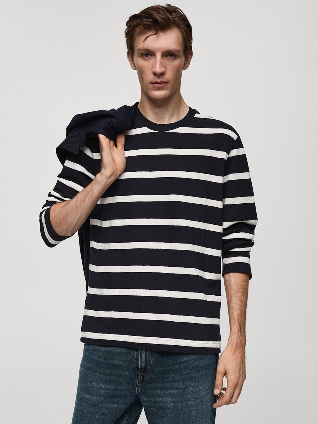 

MANGO MAN Striped Pure Cotton T-shirt, Black