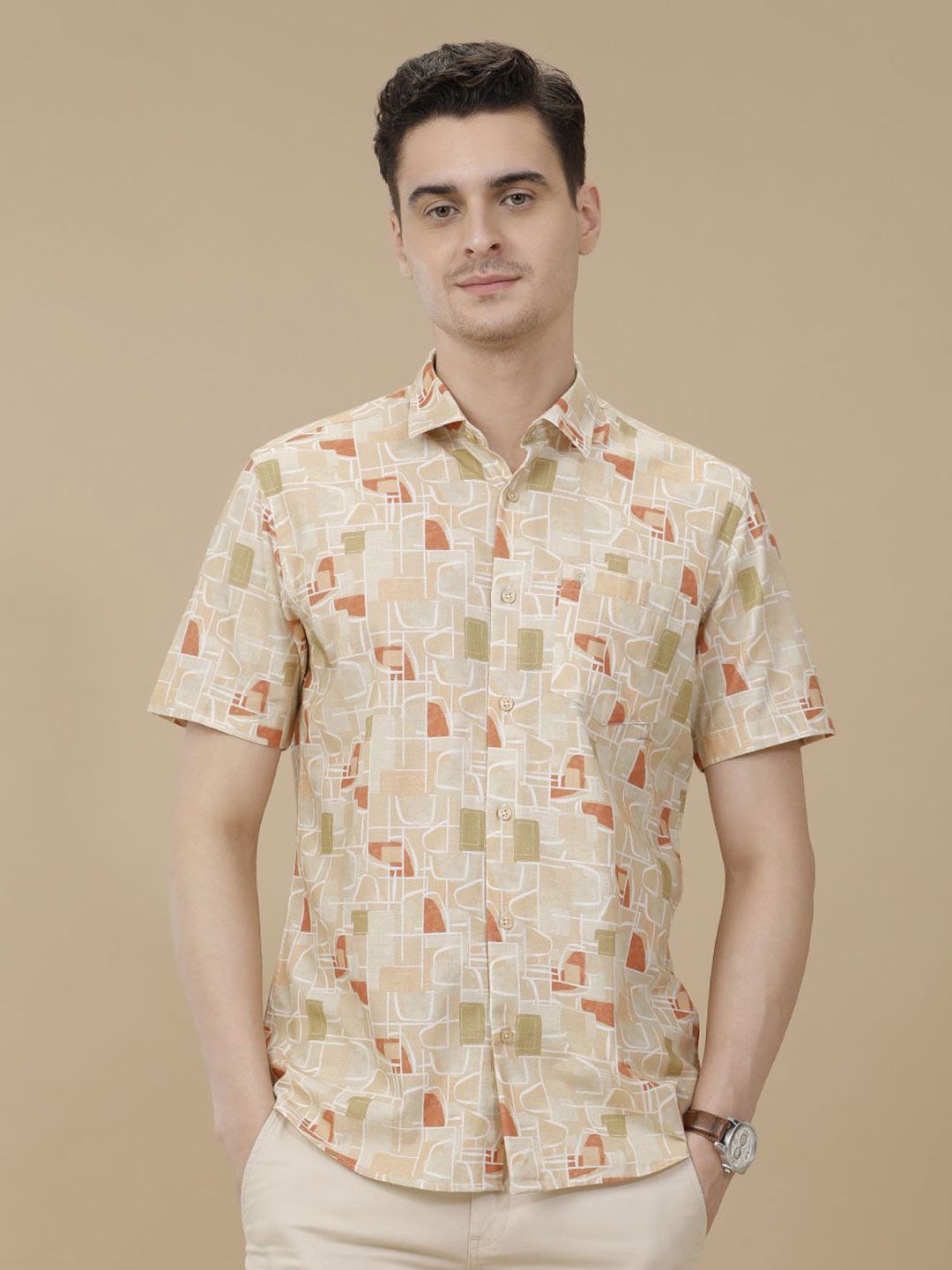

CAVALLO by Linen Club Contemporary Slim Fit Abstract Printed Casual Shirt, Brown