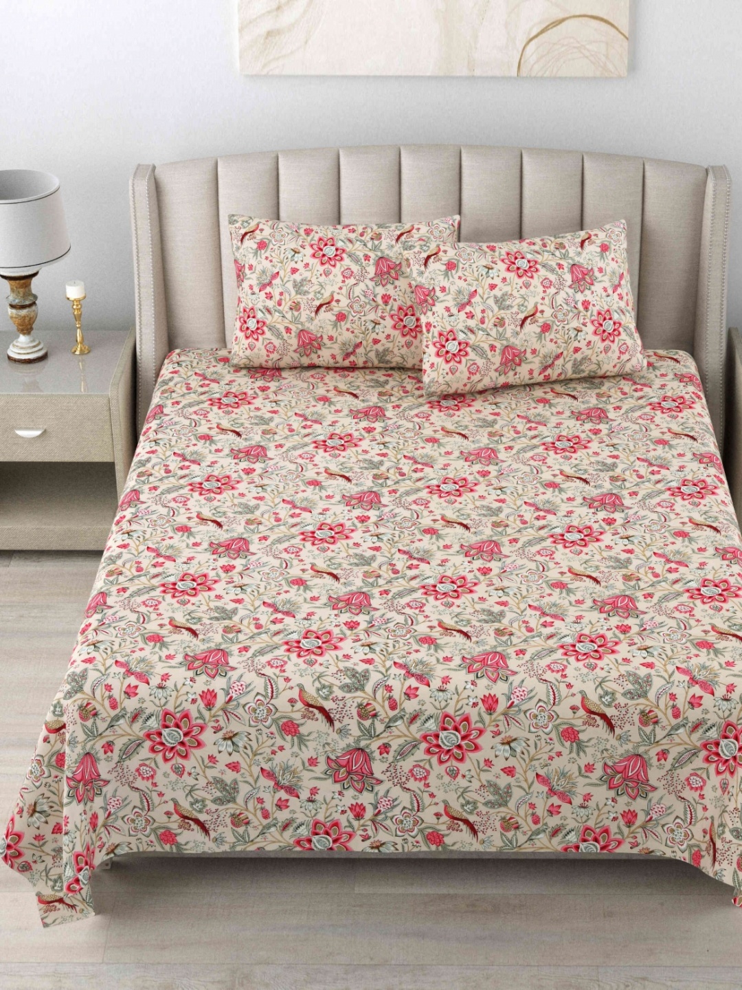 

BILBERRY Furnishing by preeti grover Pink & Beige Floral 180 TC King Bedsheet with 2 Pillow Covers