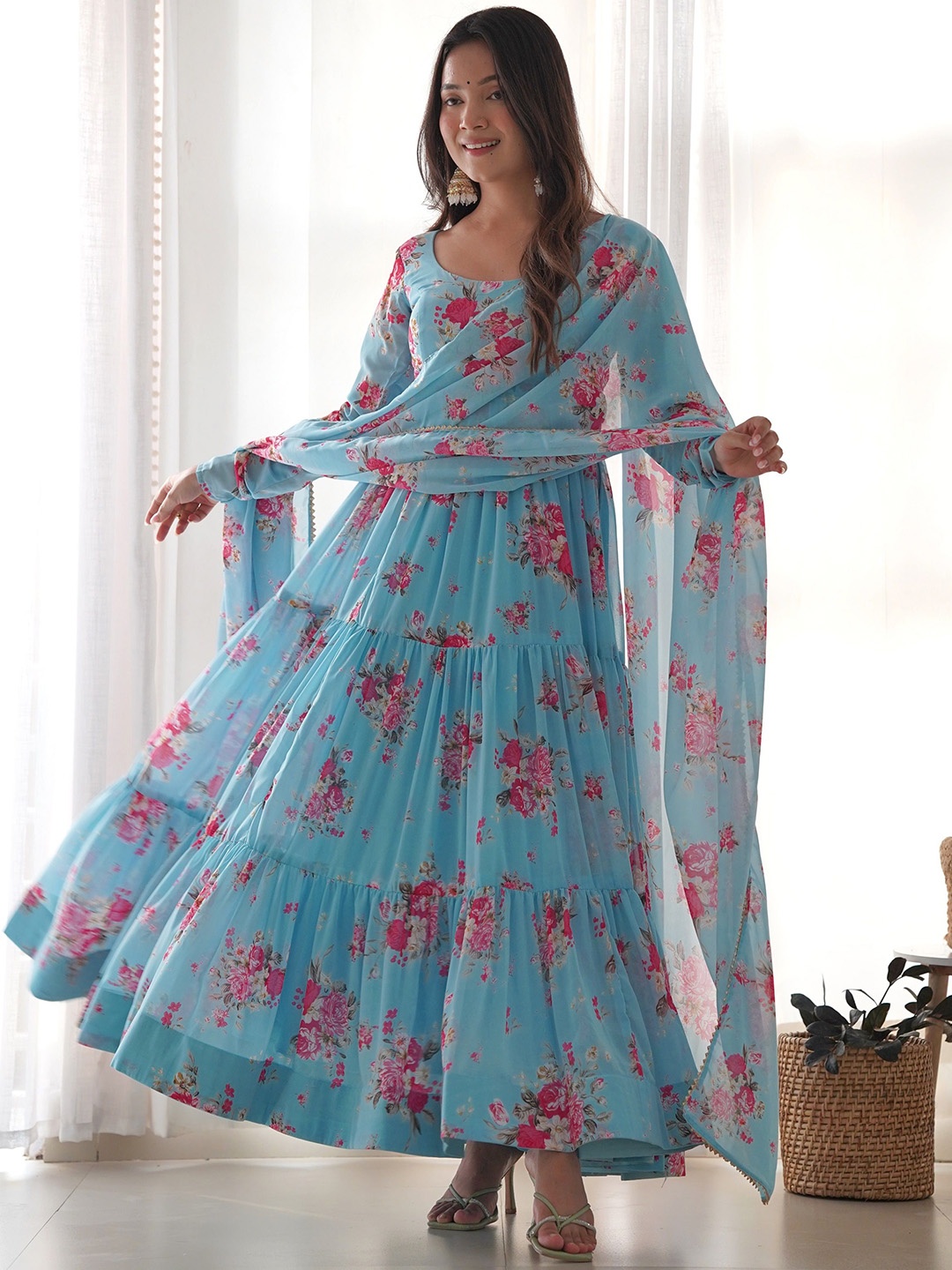 

KALINI Floral Printed Anarkali Kurta with Trousers & Dupatta, Blue