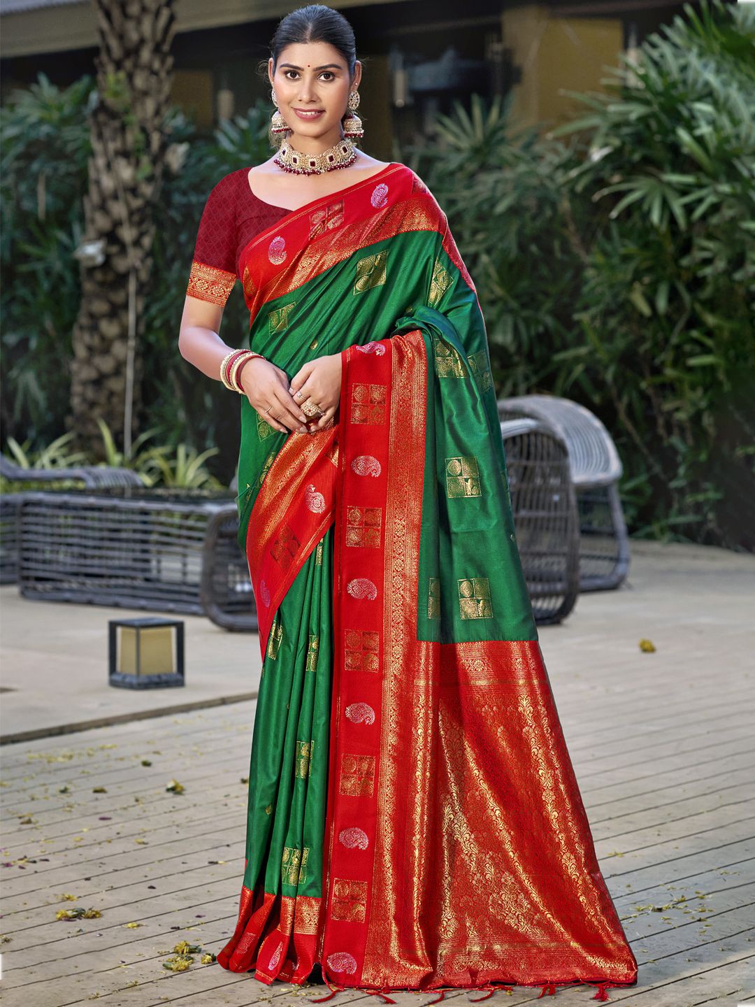 

SANGAM PRINTS Ethnic Motifs Zari Woven Design Tussar Saree, Green