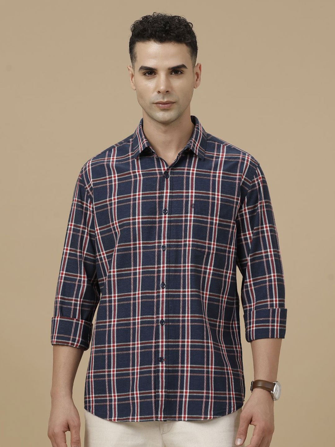 

CAVALLO by Linen Club Contemporary Slim Fit Windowpane Checked Casual Shirt, Navy blue