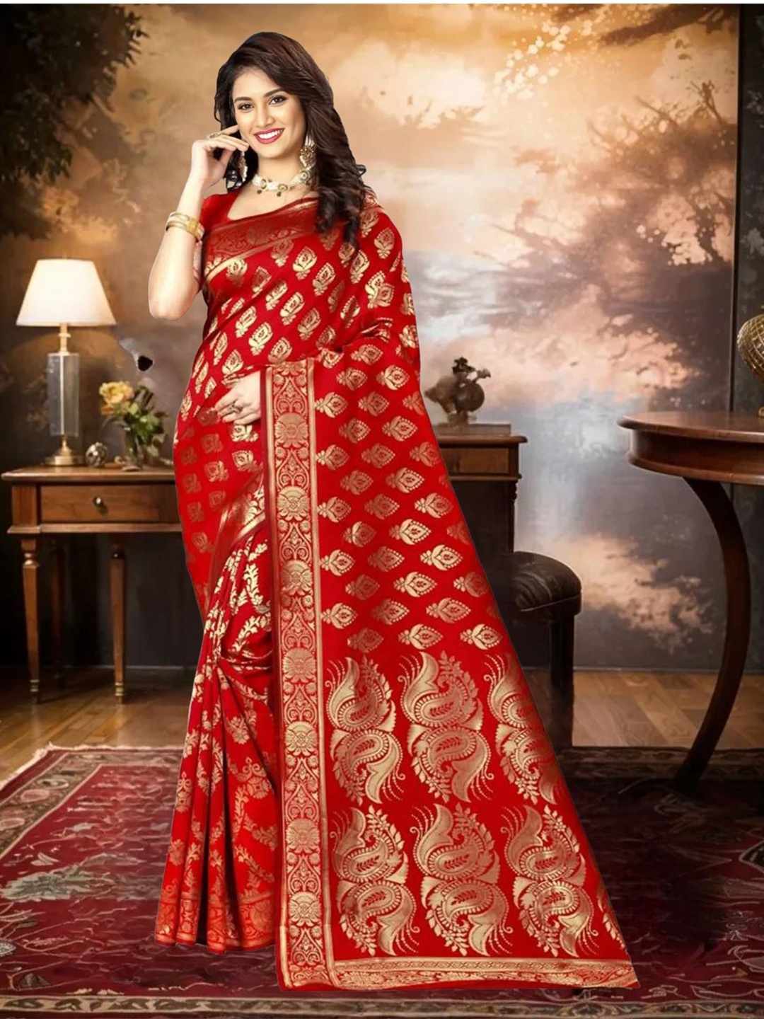 

KALINI Ethnic Motifs Zari Banarasi Saree, Red