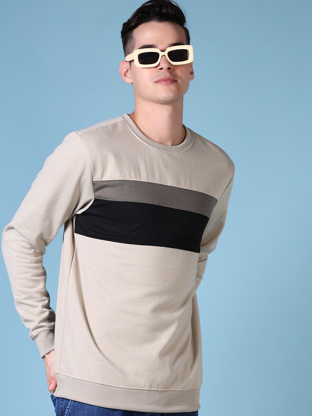 

V-Mart Men Colourblocked Cotton Pullover, Beige