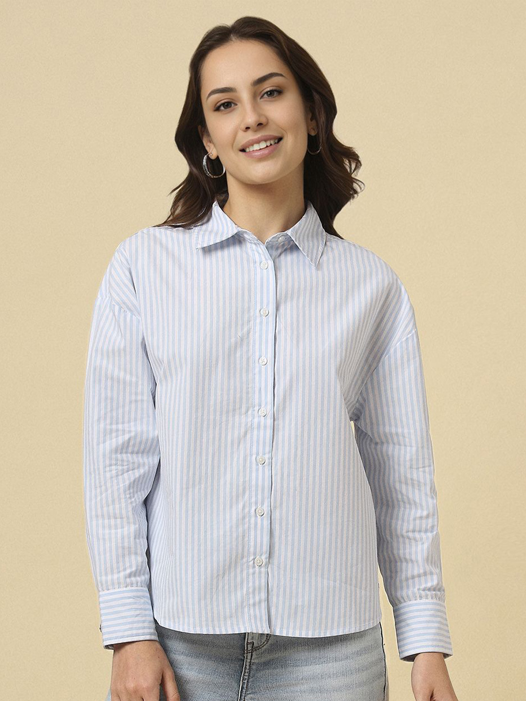 

Allen Solly Woman Women Opaque Striped Casual Shirt, Blue