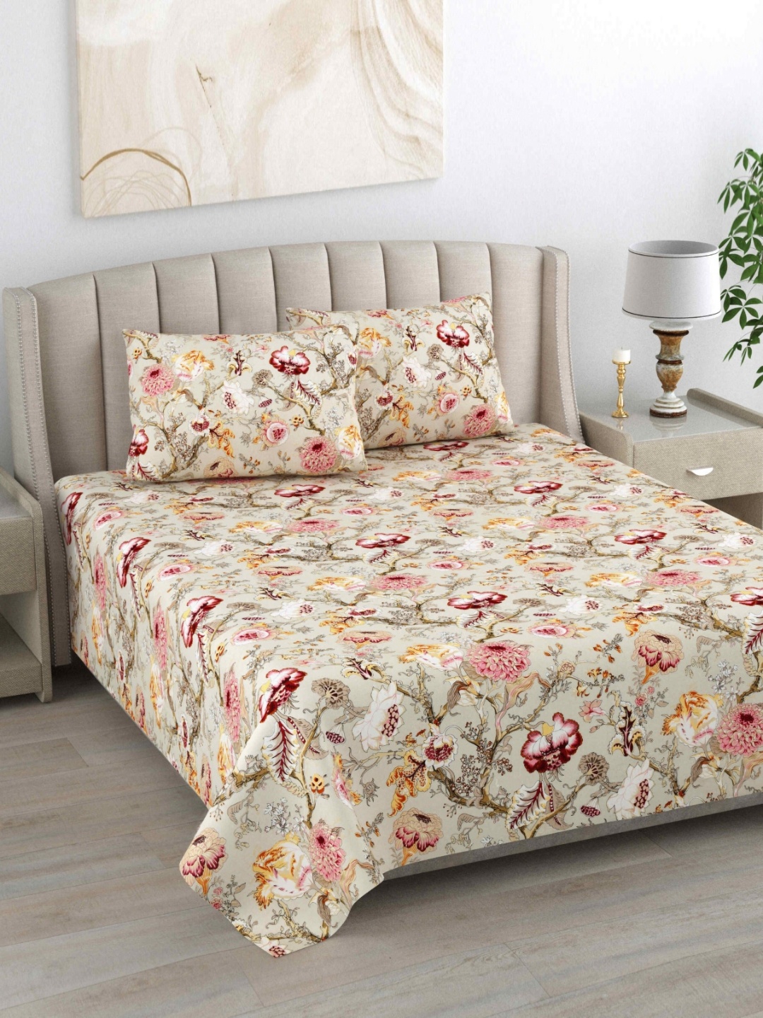 

BILBERRY Furnishing by preeti grover Cream-Coloured & Pink Floral 180 TC King Bedsheet with 2 Pillow Covers