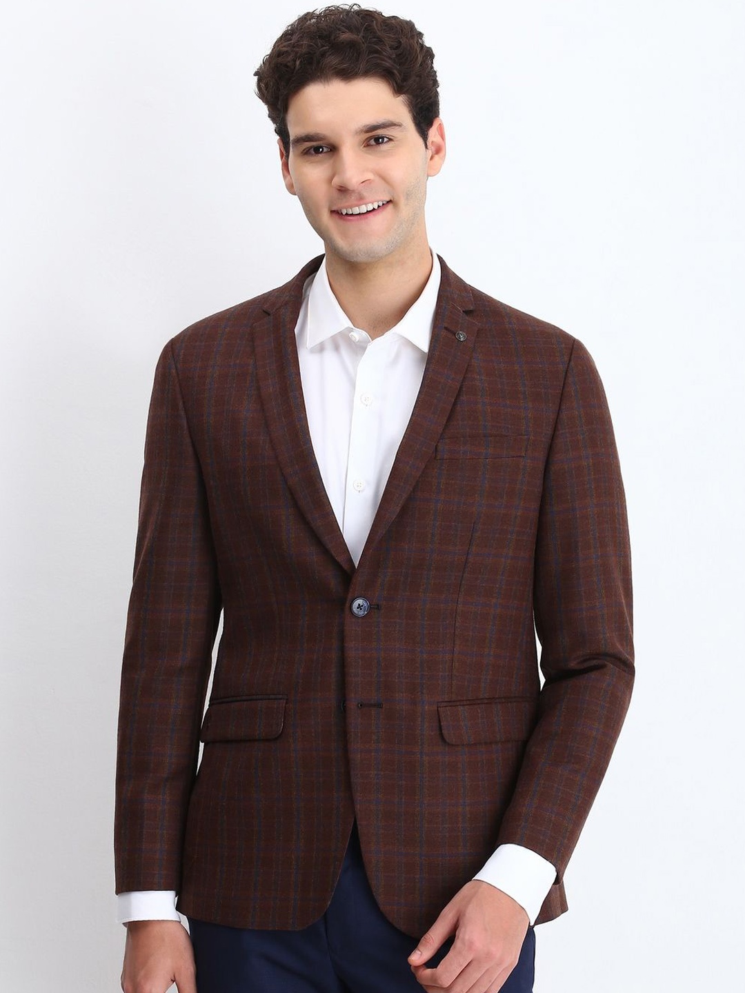 

Allen Solly Checked Slim Fit Notched Lapel Single Breasted Blazer, Brown