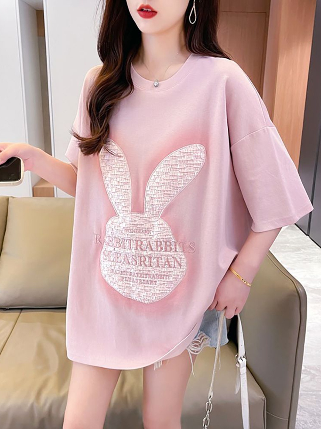 

StyleCast x Revolte Women Graphic Printed Round Neck Cotton Oversized T-shirt, Pink