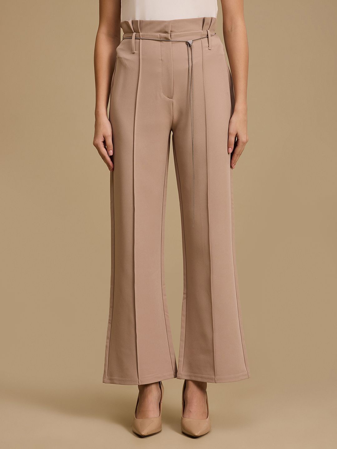 

Kazo Women Relaxed Straight Fit High-Rise Parallel Trousers, Beige