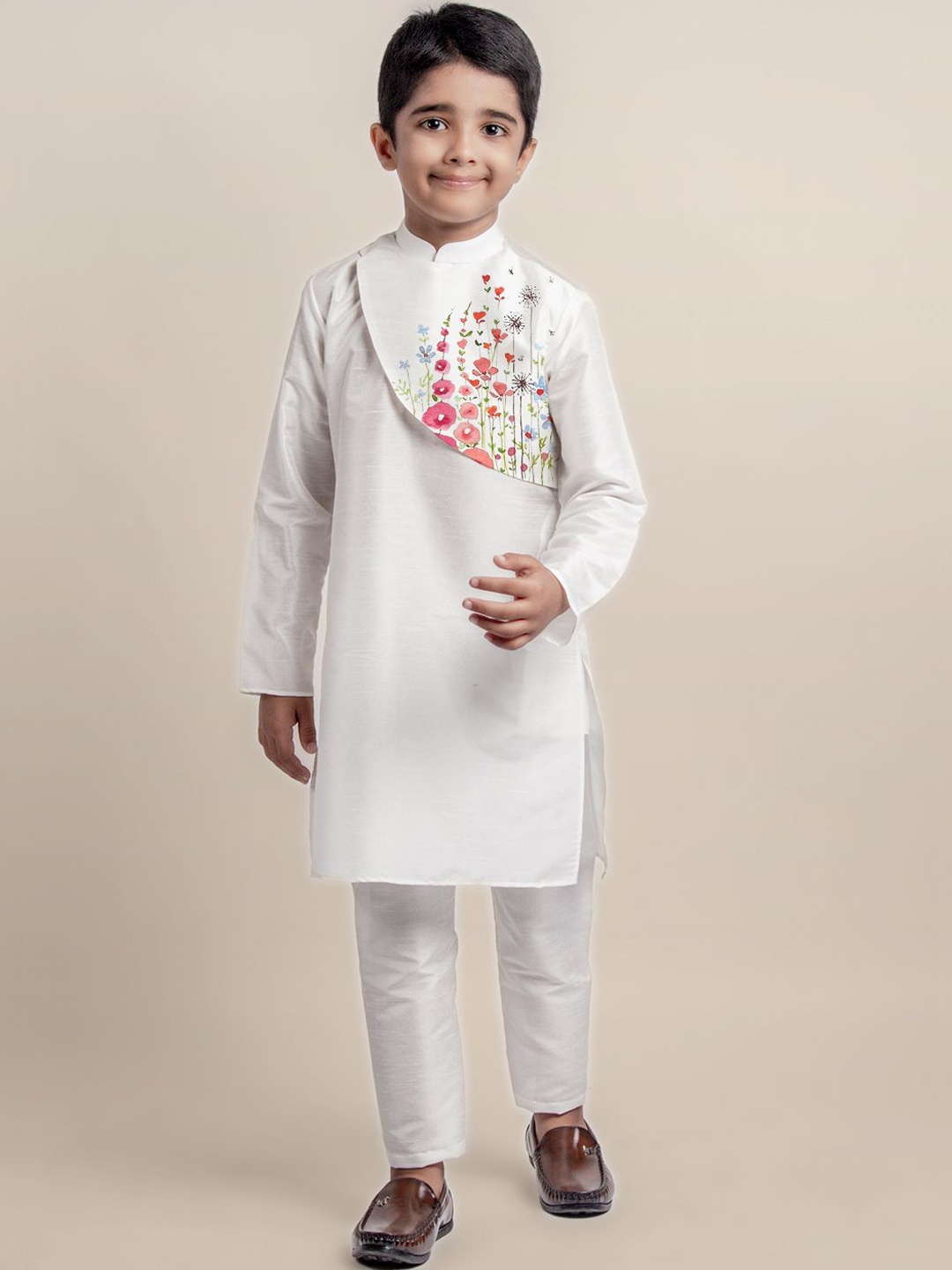 

DEVOILER Boys Floral Printed Straight Kurta, White