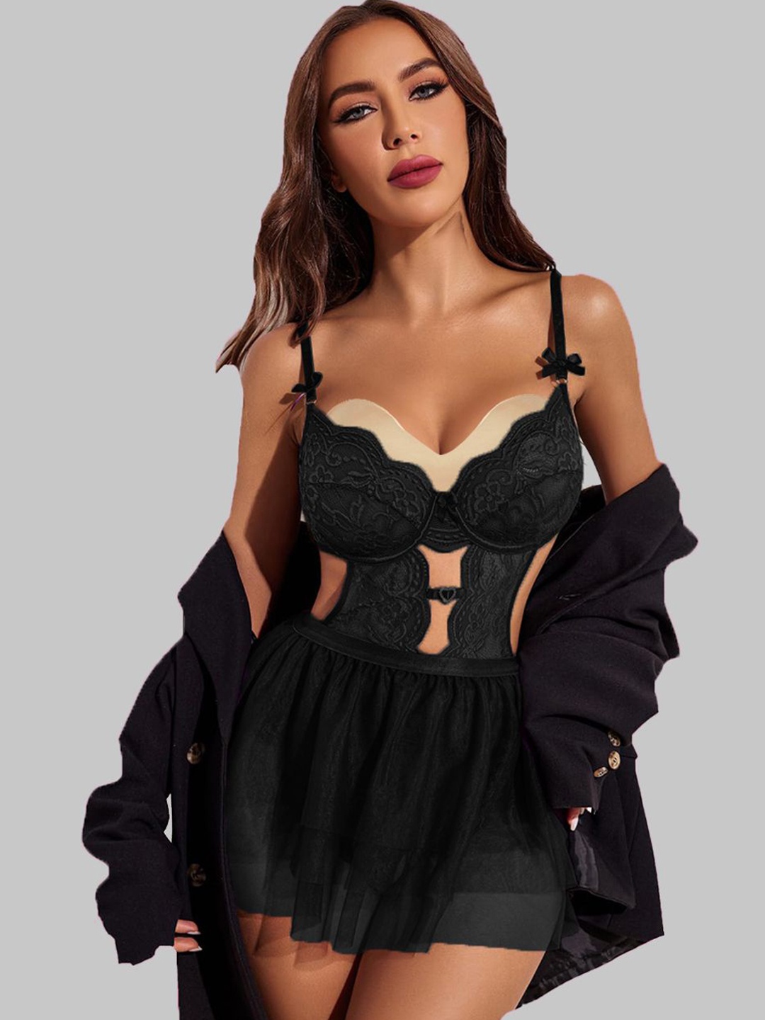 

VAGHBHATT Net Self Design V-Neck Baby Doll, Black