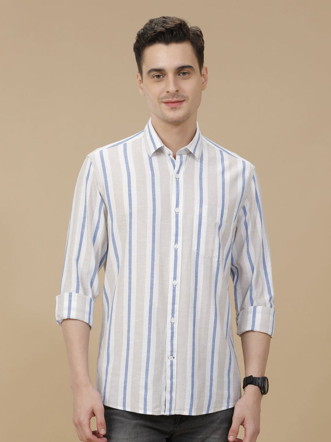 

CAVALLO by Linen Club Contemporary Slim Fit Multi Stripes Casual Shirt, Blue