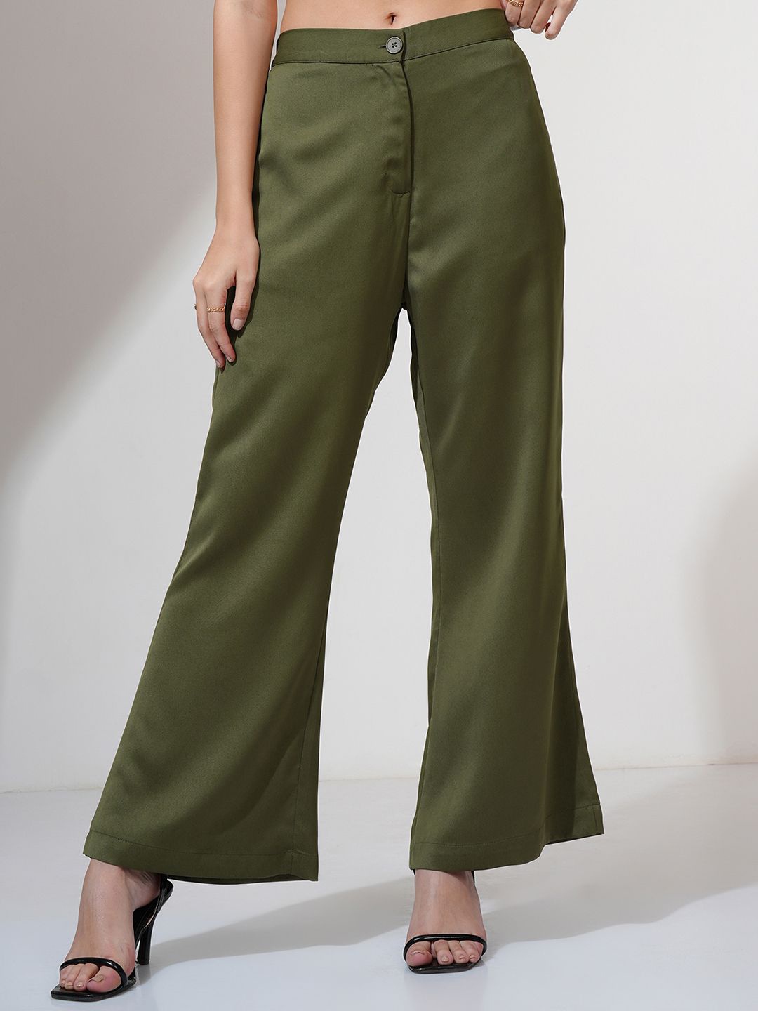

CHIC BY TOKYO TALKIES Women Flared Pleated Anti Fit Trousers, Olive
