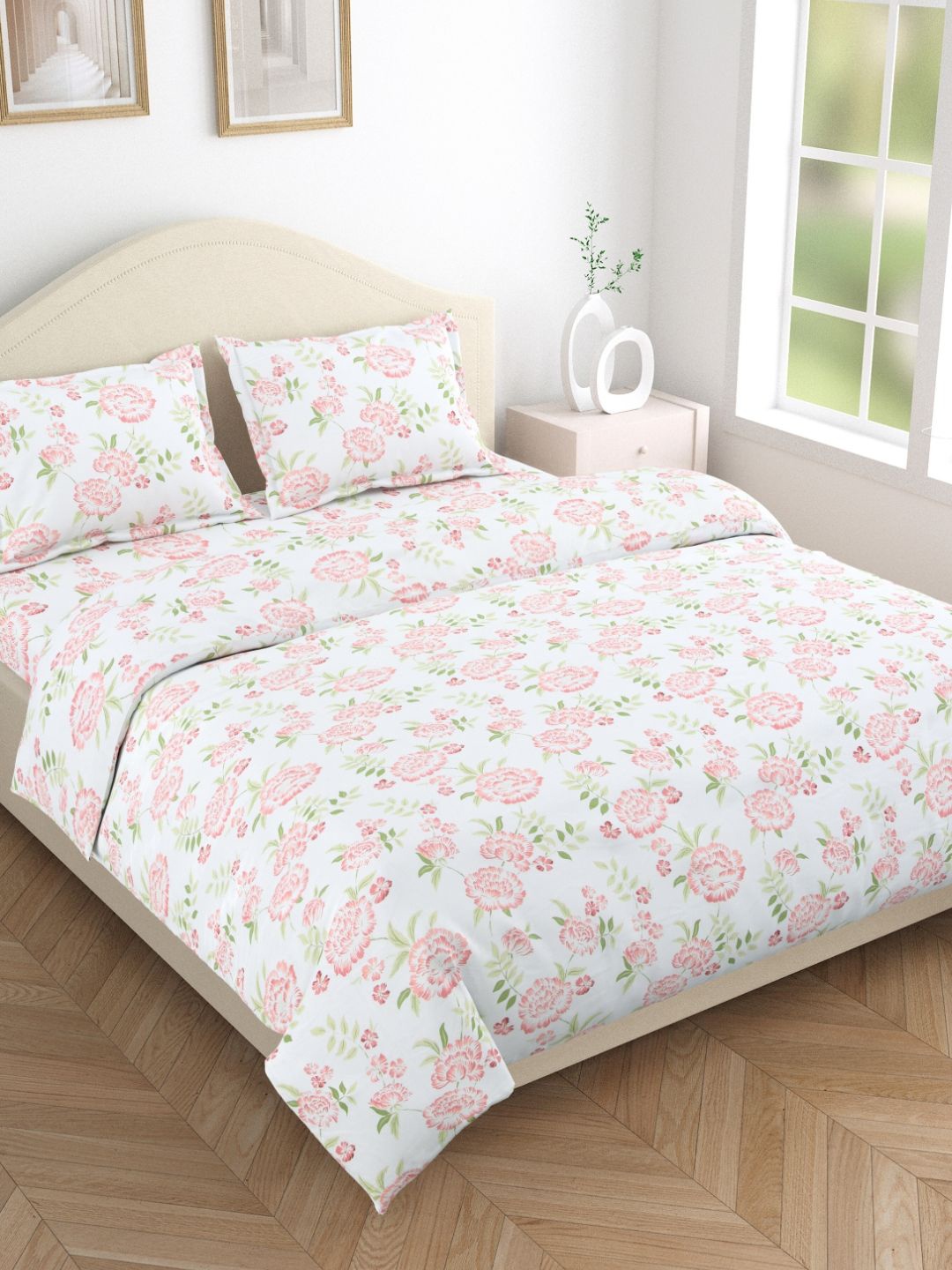 

haus & kinder Pink Floral Printed 186 TC Pure Cotton Queen Bedsheet Set 2.25 m x 2.50 m, White