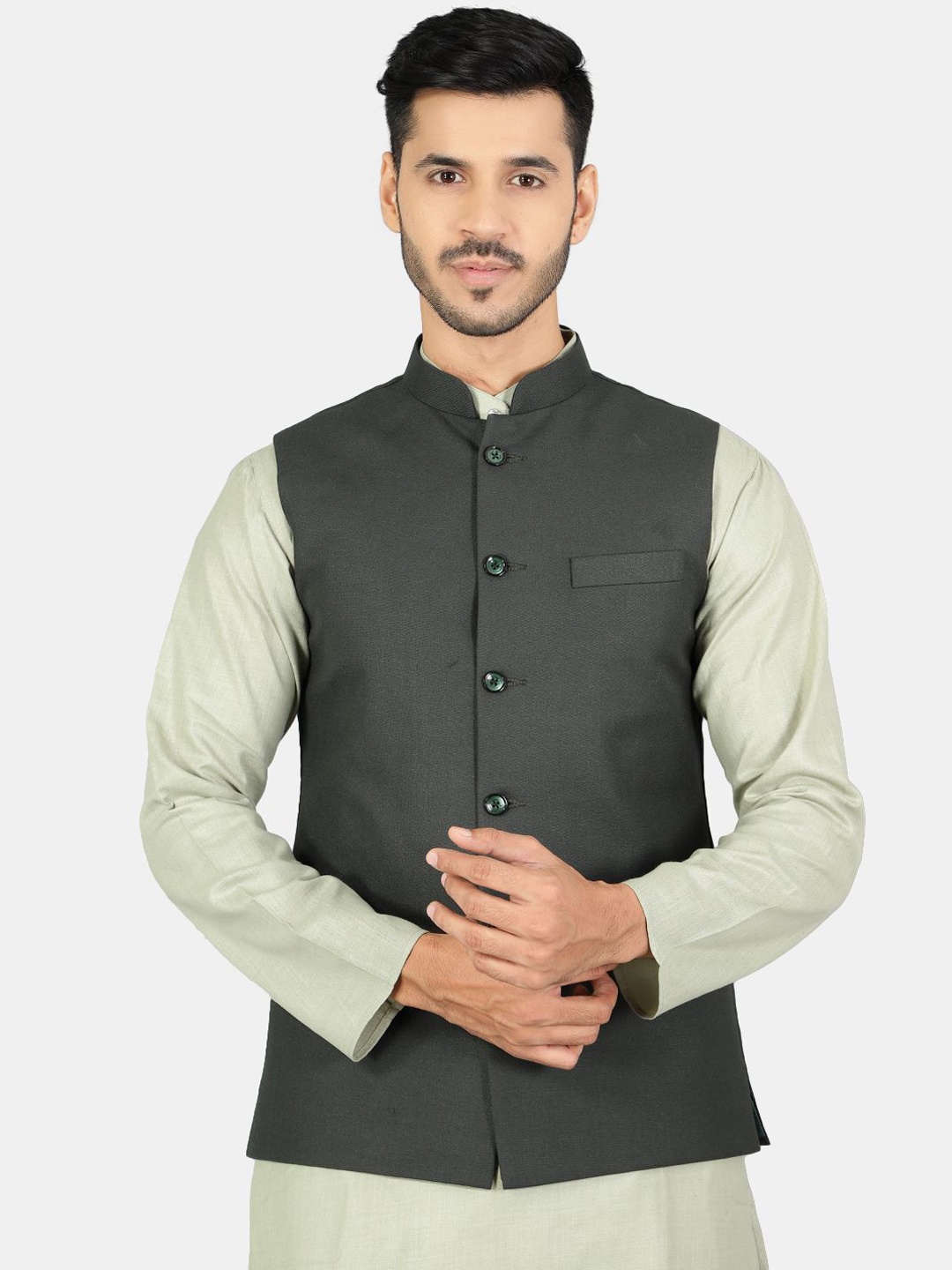 

Wintage Mandarin Collar Straight Kurta with Pyjamas & Nehru Jacket, Green