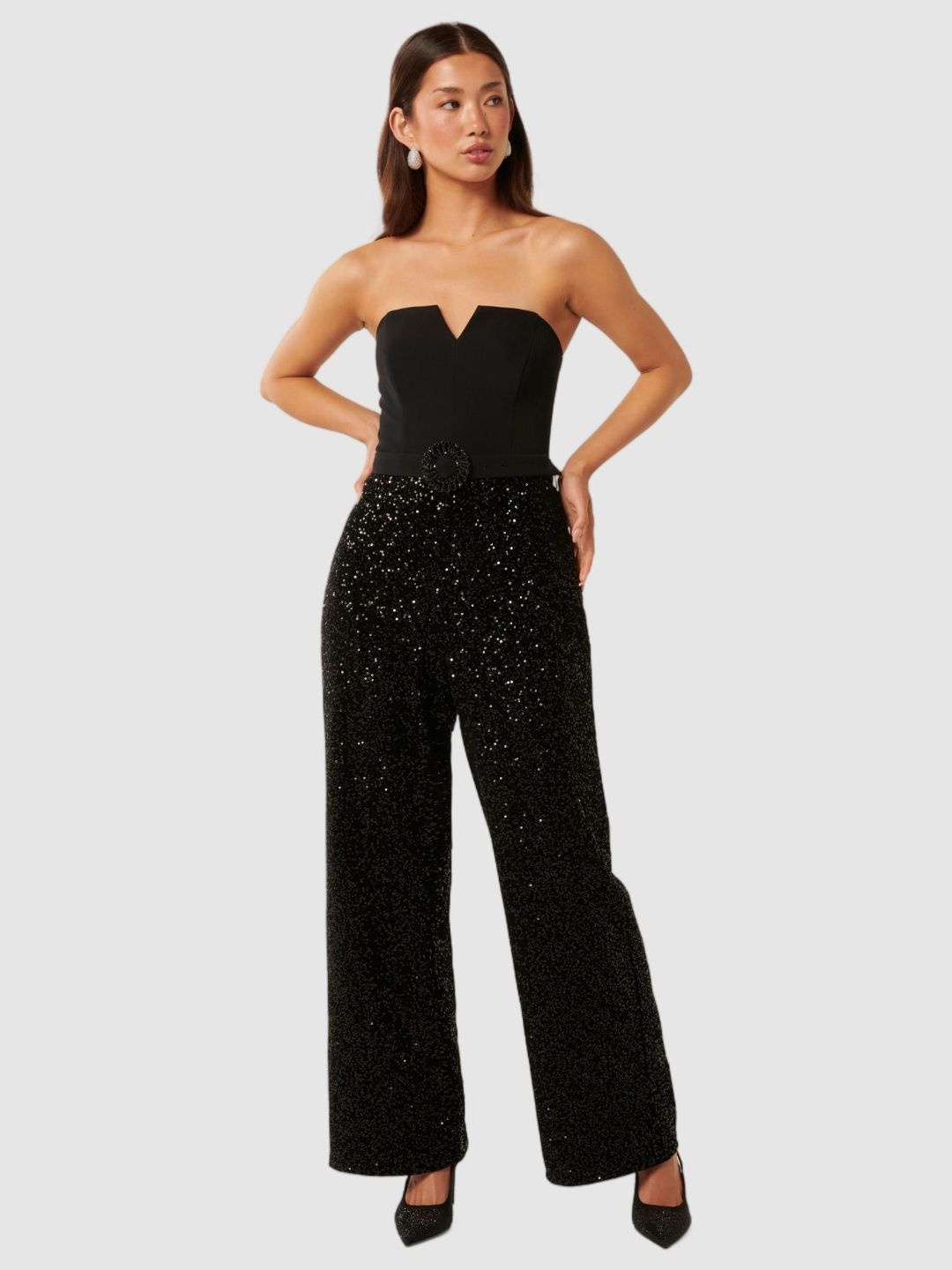 

Forever New Women Self Design Strapless Sequin Basic Jumpsuit, Black